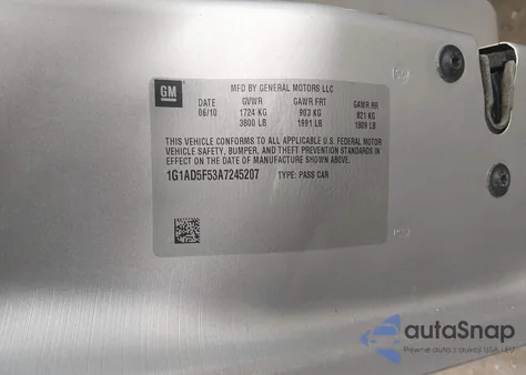 2010 Chevrolet Cobalt Lt z USA, uszkodzony, nr VIN 1G1AD5F53A7245207